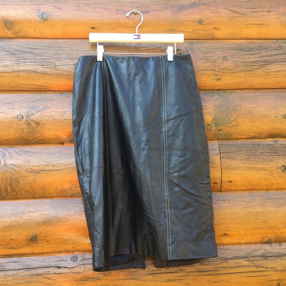 🔥 Leather Skirt  Vintage Margaret Godfrey Black Midi EUC Sz 8  SEXY - Picture 2 of 14